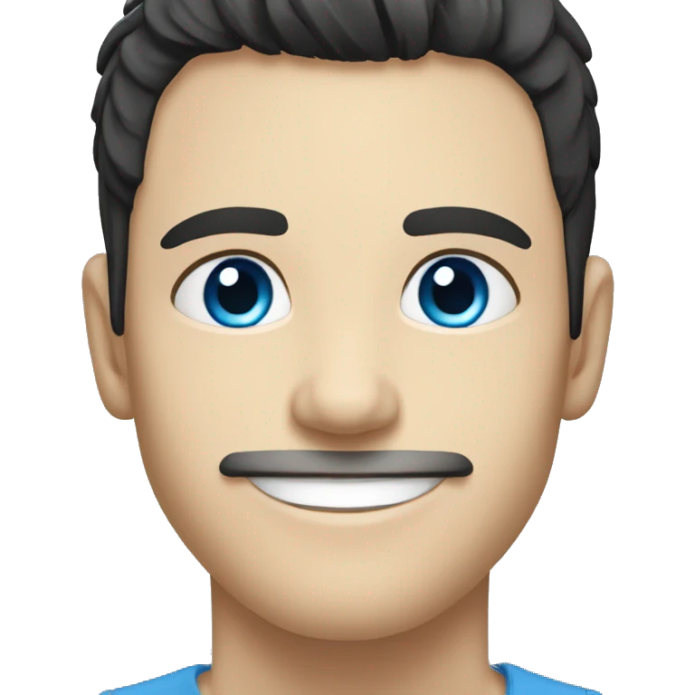 Man, blue eyes, straight black hair, bright blue eyes, white skin, caucasian, smiling, happy emoji