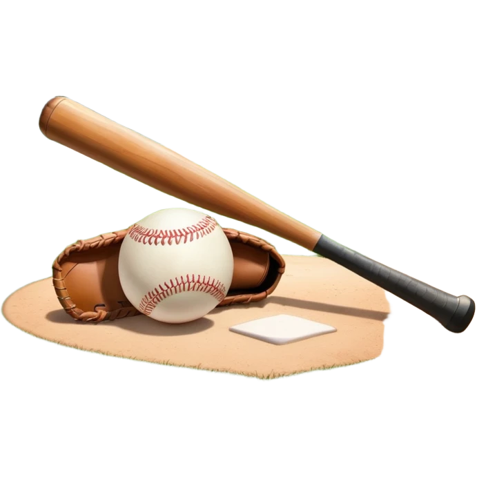 A baseball bat, ball, and glove resting on the ground, set against the backdrop of a baseball field. The scene captures the iconic equipment of the sport, with the field in the distance and a bright sky above, evoking the spirit of the game. emoji