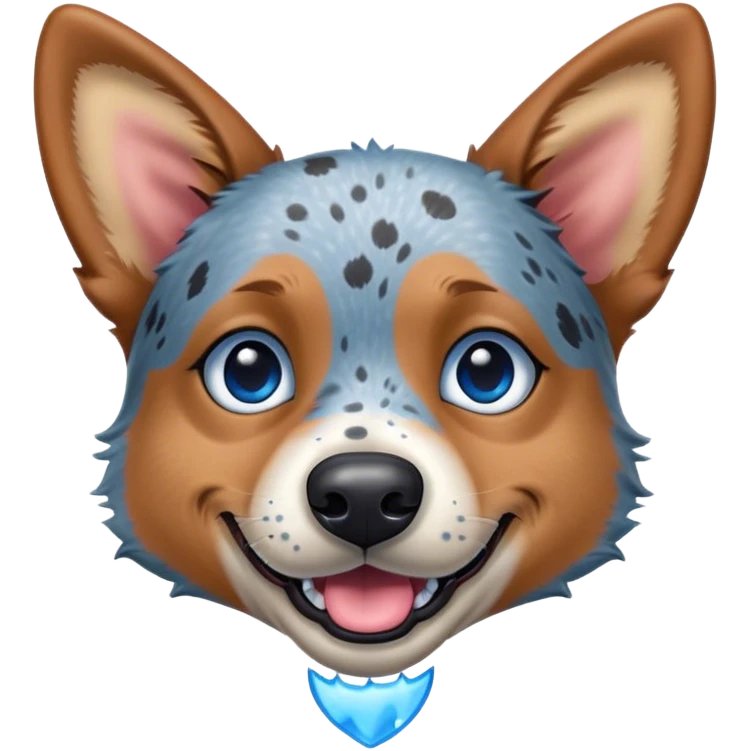 Cinematic Comical Blue Speckle Australian Cattle Dog Portrait Emoji, Head tilted dramatically with an exaggeratedly amused expression, featuring a striking blue speckle Fur with bold patterns, wide, expressive blue eyes filled with playful disbelief, Simplified yet hilariously expressive features, highly detailed, glowing with a slightly sassy glow, high shine, dramatic yet playful, stylized with an air of cheeky charm, bright and endearing, soft glowing outline, capturing the essence of a spirited and over-the-top herder, so meme-worthy it feels like it could side-eye its way into internet fame instantly! emoji