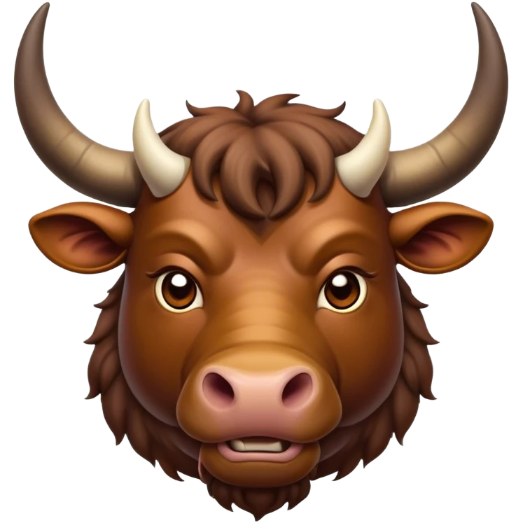 Cinematic Noble Domestic Ox Portrait Emoji, Poised and stalwart, with a massive, muscular build and a thick, smooth hide in deep earthy tones, prominent, curved horns, and steady, soulful eyes, Simplified yet sharp and sophisticated features, highly detailed, glowing with a warm, dignified glow, high shine, intelligent and dependable, stylized with an air of timeless strength, focused and attentive, soft glowing outline, capturing the essence of a watchful and confident ox that feels as though it could plod out of the screen with effortless authority! emoji