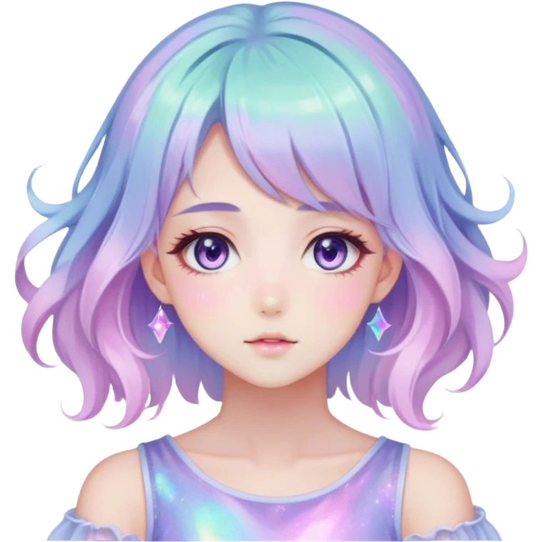 Beautiful gorgeous anime lady with beautiful iridescent-pastel-nebula-hair, fashion aesthetic, ethereal, fairycore, pastelcore emoji