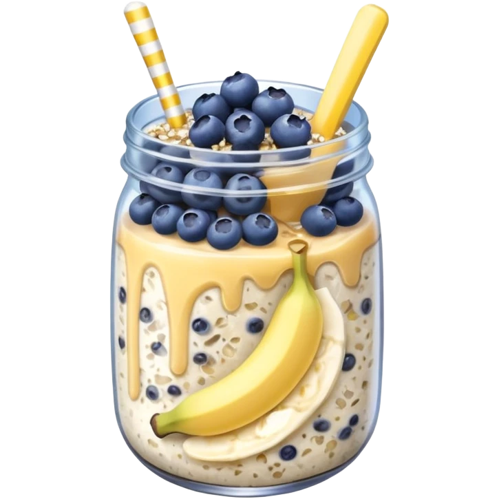 Overnight oats with banana,blueberries, honey, sky, chiaseeds emoji
