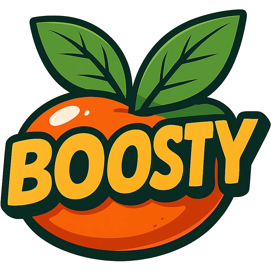 plump vibrant Boosty logo in cartoon style with bold outline expressive shadows glossy highlights bright leaves arranged neatly behind logo one side slightly higher other side slightly lower asymmetrical no background emoji