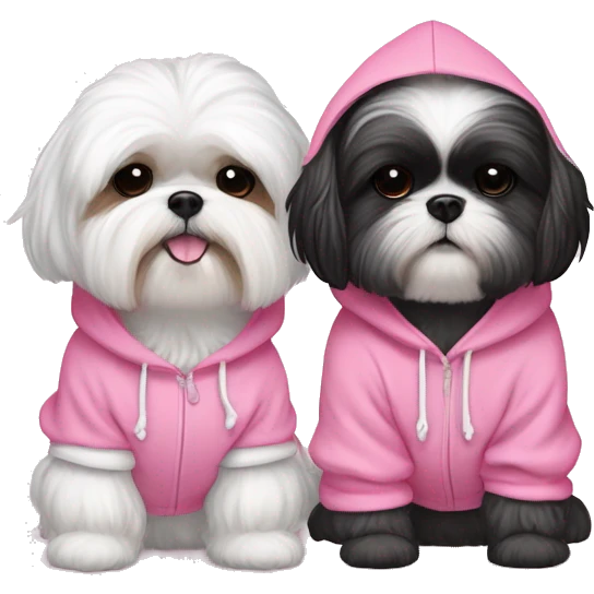 one very cute black and white  shih tzu girl and one white  girl maltaise dog wear a pink hoodie with hearts emoji