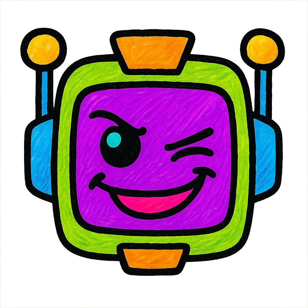 Design a sarcastic robot in the same color scheme (purple, green, orange, blue), with a different sarcastic look like smirk with one eye closed, or a mocking grin. Maintain the playful, bold style in vibrant pop colors style. emoji