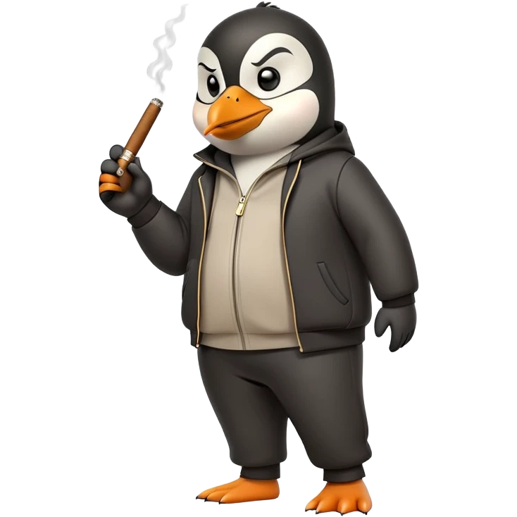 friendly anthropomorphised penguin wearing a mafia-style tracksuit, holding a cigar, secretive scheming pose, angry expression, walking with determined stride emoji
