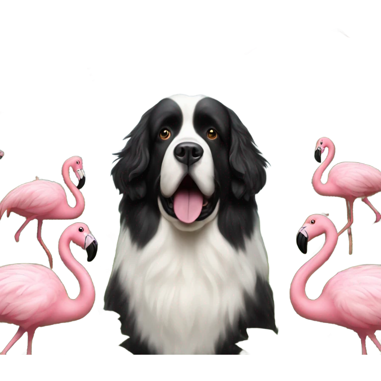 Landseer Newfoundland flying in the sky with flamingos emoji