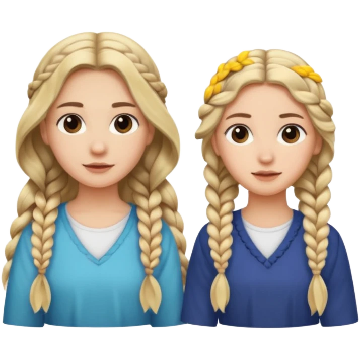 Sister with long wavy loose flowing blonde hair and  sister with DARK BROWN HAIR WITH ONE BRAID on one side.   emoji