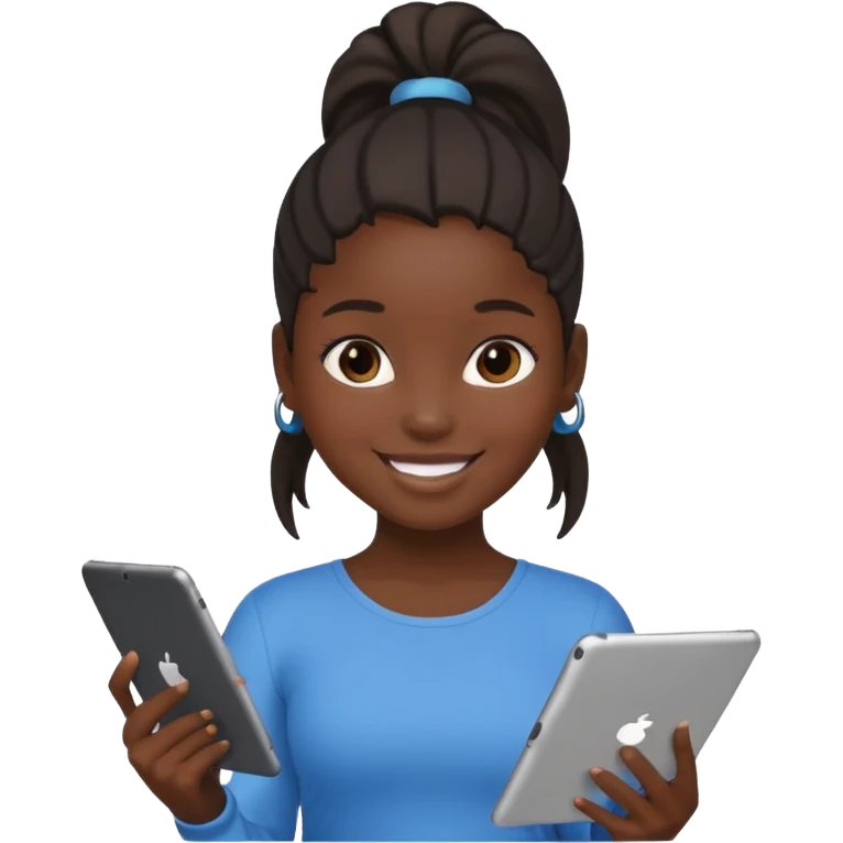 Black girl with ponytail holding ipad emoji