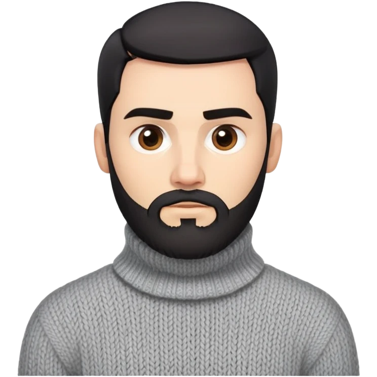 Man with angular square face, neatly trimmed full beard, thick dark eyebrows, short black hair styled back. Serious expression. Wearing a chunky knit light gray sweater with folded turtleneck collar. emoji