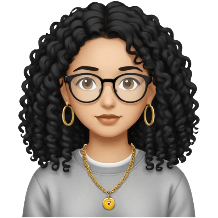 Mixed girl /curly long hair black / with dark hair/ black eyes /glasses /sweat shirt /middle part/ flat erring / small gold neck chain emoji