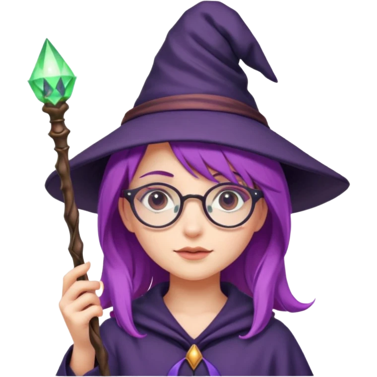 cute purple haired girl with glasses holding a magic wand witch theme emoji