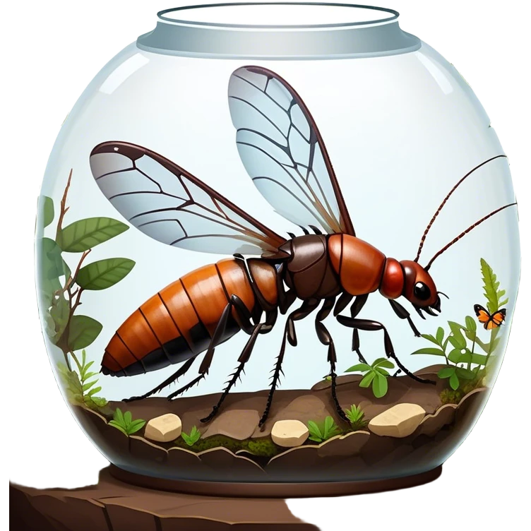Close-up of giant Madagascar hissing cockroaches, butterflies, and stick insects inside a terrarium, with detailed textures of their bodies, wings, and legs. Soft lighting highlights their features. Transparent background. emoji