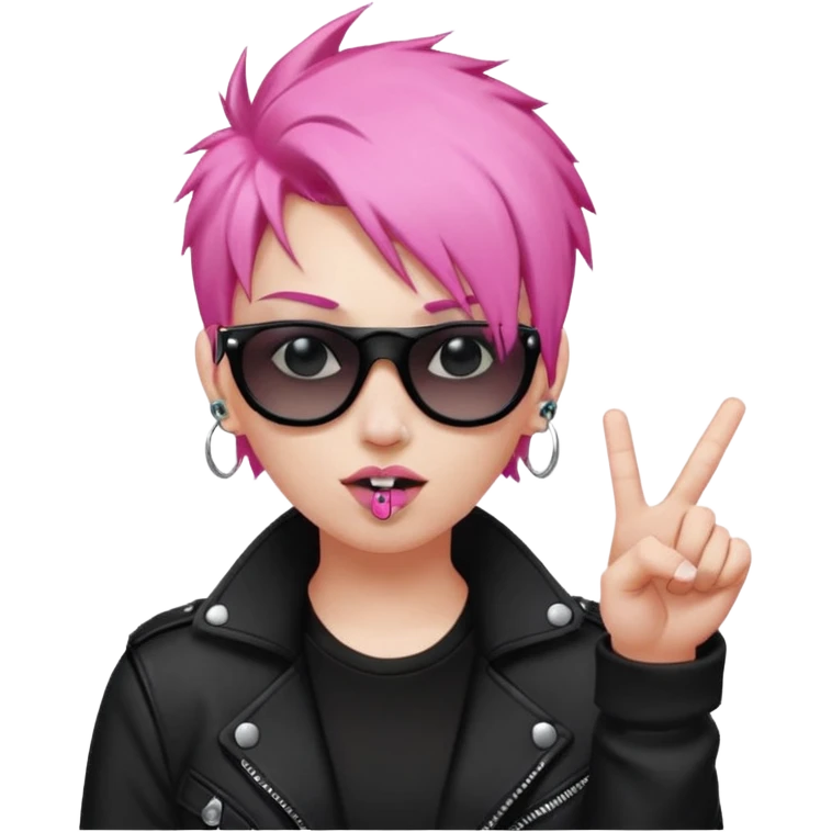 A pink haired punk flipping the bird and mouthing the f sound with black clothes and a pair of black sunglasses and piercings  emoji