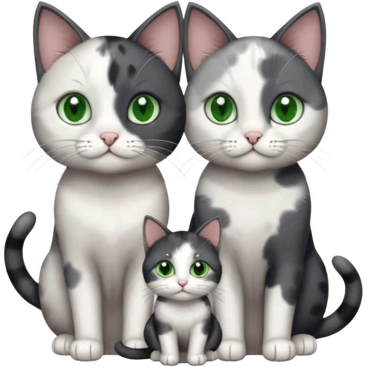3 different coloured small cats including a dark grey and white, and a patchy calico and a completely solid dark grey with green eyes and only white paws emoji