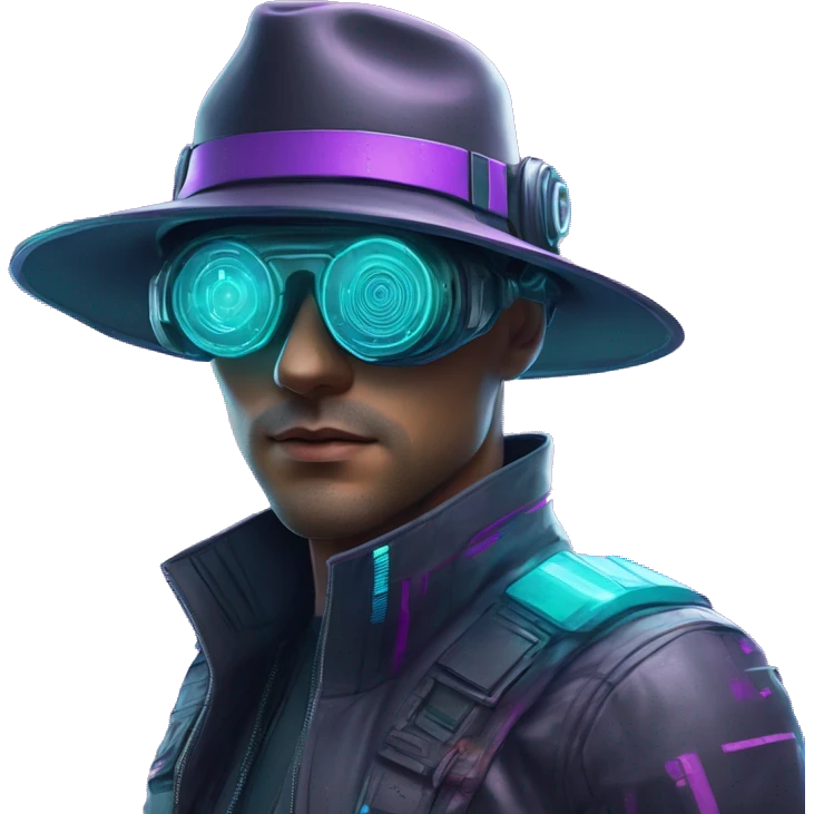Secret human agent in a hat with  cyberpunk elements in VR googles scanning looking reviewing multicolor lines of code, cyan and purple colors, only upper body portrait emoji