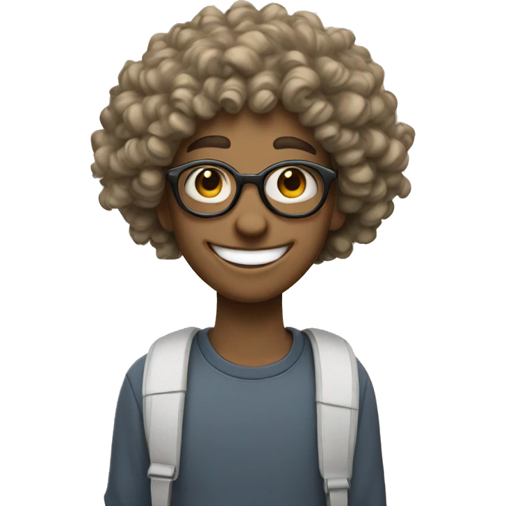 college student, fair skin, round glasses, big smile, curly h emoji