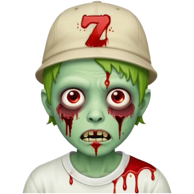 green zombie with blood on lower eyelid, wearing LA hat, white shirt, blood on mouth emoji