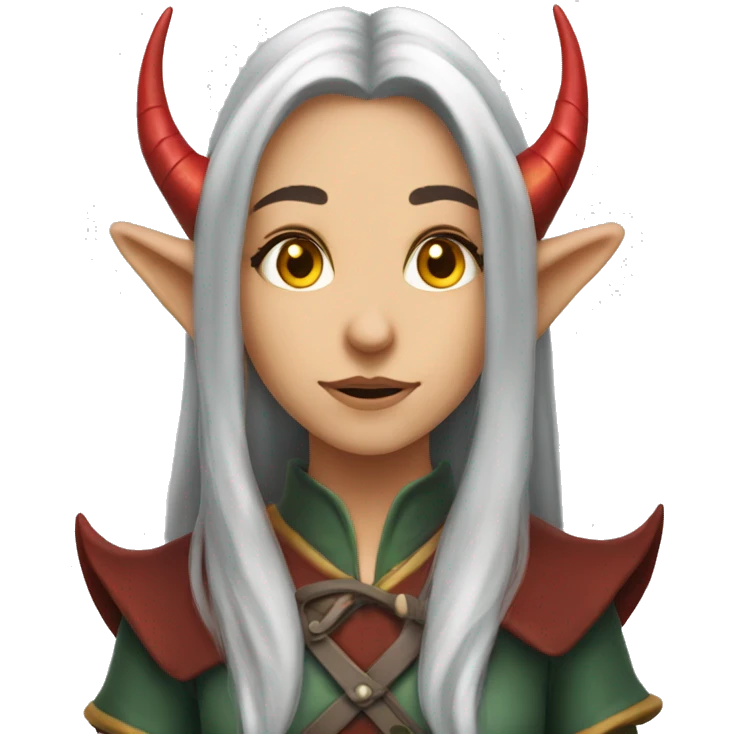 A young female elf with long gray hair, yellow eyes and red dragon horns emoji