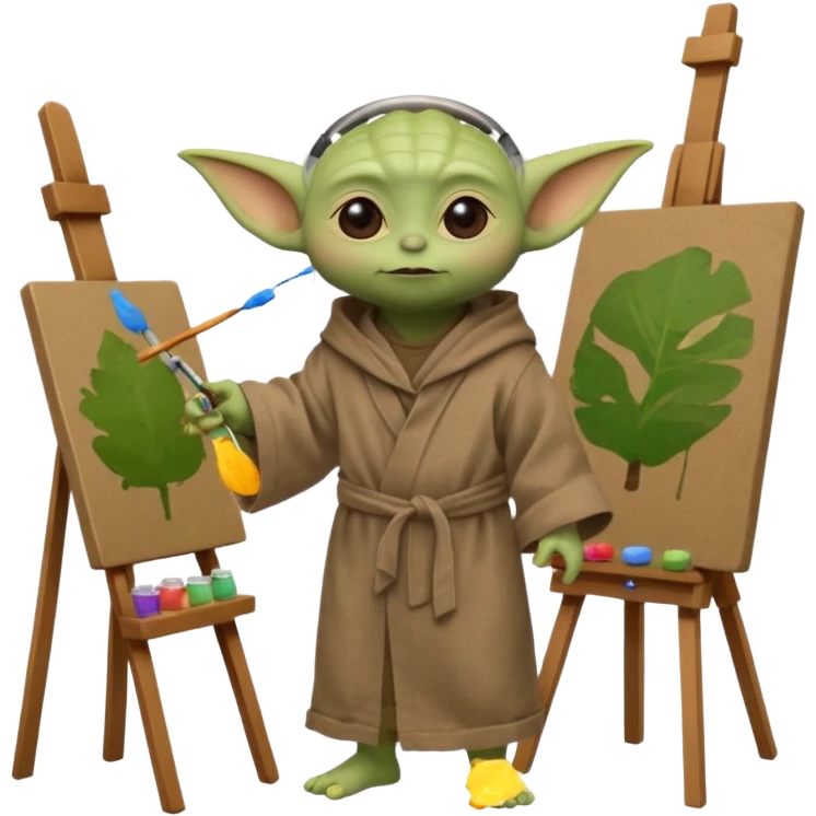 A full-body image of Baby Yoda in his brown linen robe with headphones in his ears, painting a picture on an easel and surrounded by paint pots. emoji