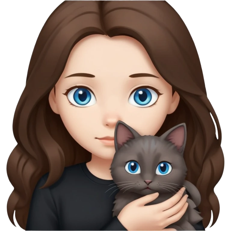 Girl with blue eyes and long brown hair and black shirt, holding a medium fluffy grey cat with folded ears emoji