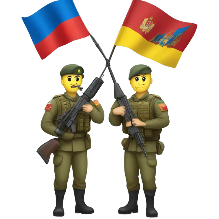 a soldier who holds the Russian flag in one hand and the Ukrainian flag in the other emoji