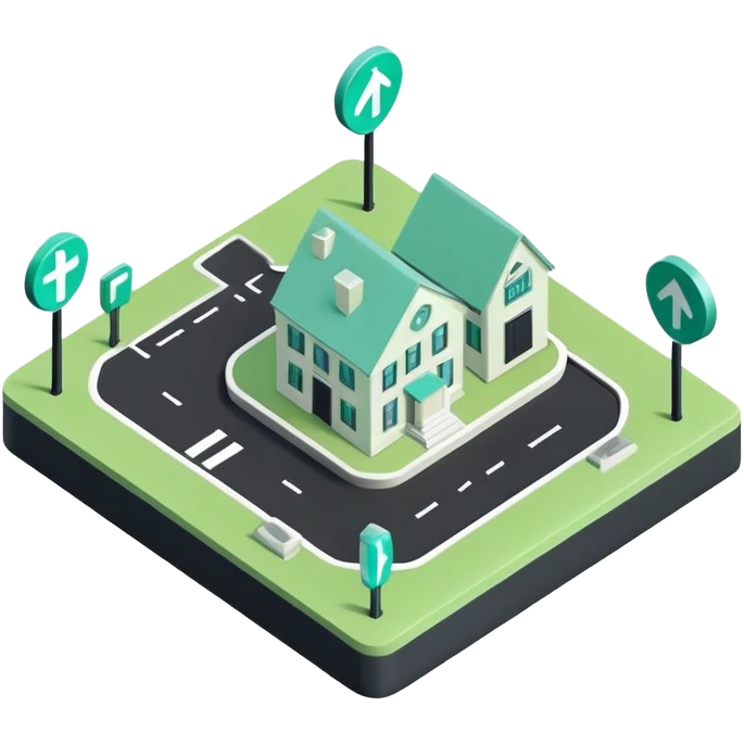 Domanilité Publique (Public Domain), 3D techy icon with black and mint green (#B5F4D3) color scheme, public land with property markers emoji