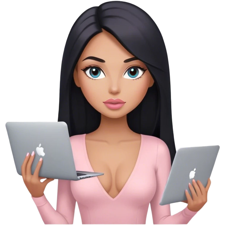 Glamours, tanned, very beautiful girl, with big pump peach-beige-rose lips, long lashes, black straight smooth silky long hair, straight parting hair, blue-grey eyes, in light-pink v-neck bodysuit holding MacBook emoji