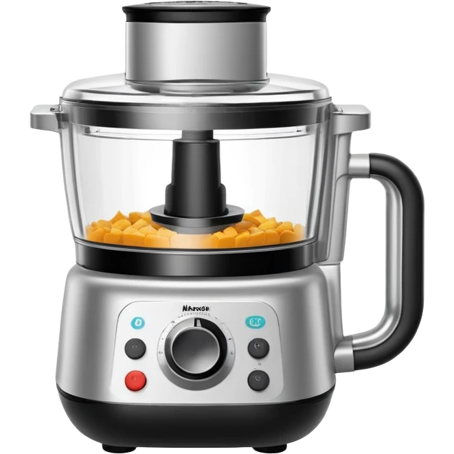 the Monsieur Cuisine food processor from Lidl. The robot should have a friendly face on its display screen, small round buttons, and a modern silver and black body. Add subtle details like steam or ingredients around it to suggest cooking, but keep the design simple and compact like a typical emoji. emoji