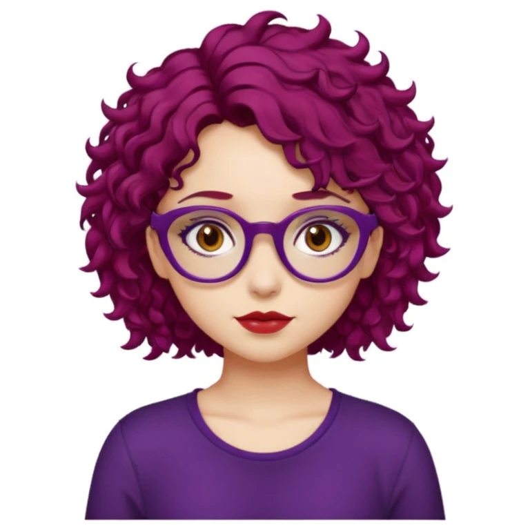 girl, almond brown eyes, red rectangle glasses, curly mid-short hair, deep purple hair, red top, casual-goth emoji