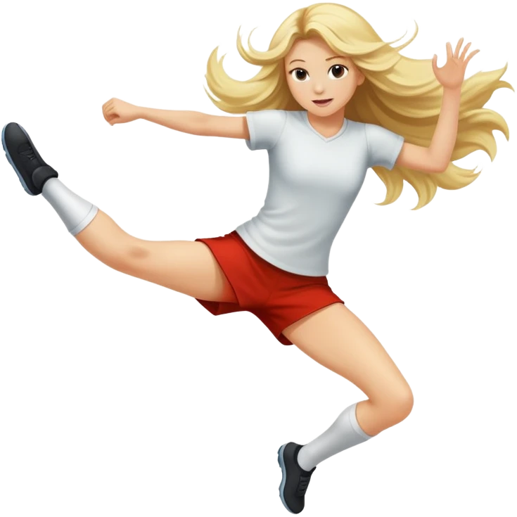 A long-haired blonde girl kicking her leg in the air ￼ emoji