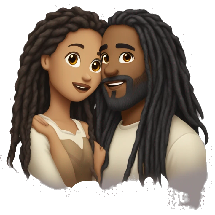 A lightskin woman long black dreadlocks with a brown skin man with a beard and long dreadlocks kissing her cheek emoji