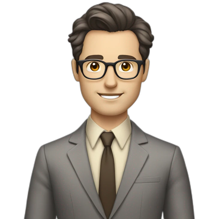 Full height Pale skinned Fit Man With dark brown hair in classic gray suit, beige office shirt, dark gray tie, and vintage glasses. His hands lock emoji
