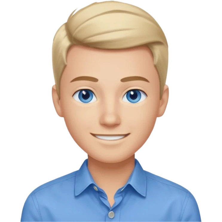 Blue eyes, slightly slender face, wearing a blue button down shirt. With a modern hairstyle, make sure he has a great smile  emoji