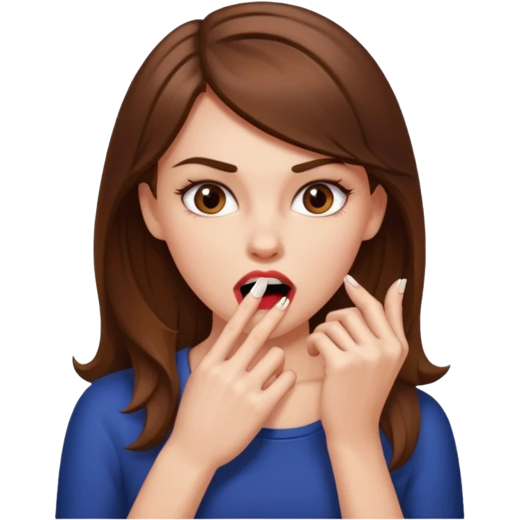 Une fille brune et blanche qui se mord un ongle entre ses dents (l'ongle est coincé entre les deux canines gauche) avec des manières comme si elle draguait qqn emoji