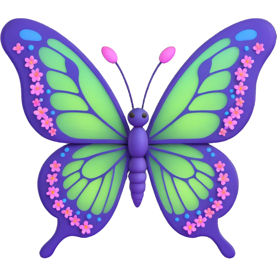 magical butterfly with glowing #c0ff53 green wings, purple edges, fine vein details, surrounded by sparkling dust and floating magical particles, deep blue body, pink flowers on the wings, 3D cartoon, elegant, fantastical emoji