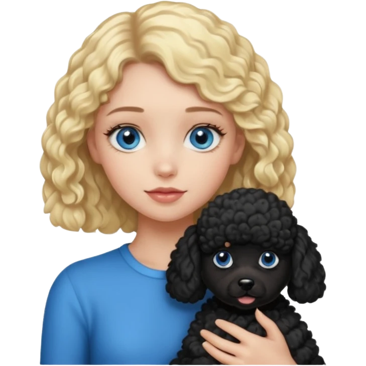 blonde girl with blue eyes holding black puppy poodle emoji
