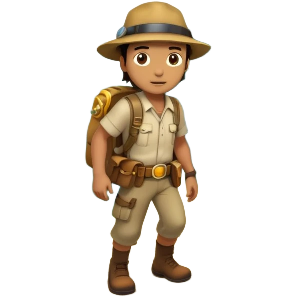 an adventure game, inspired by Uncharted-2. The design features a rugged explorer navigating through ancient ruins, with treasure and obstacles in the background. A dynamic environment with jungle, cliffs, and puzzles highlights the thrill of discovery and action. Transparent background. emoji