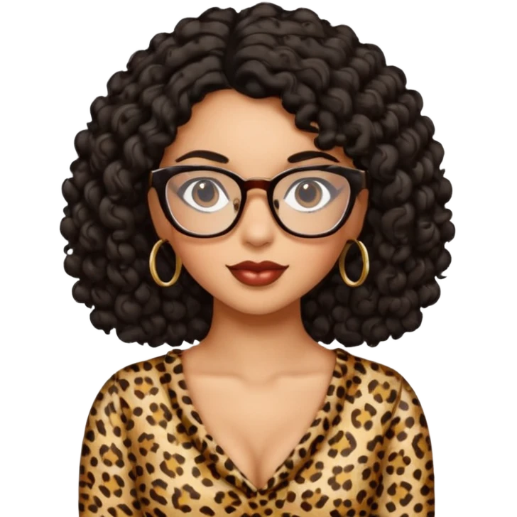 A women who wears glasses with a black curly hair, in a leopard print dress sweetheart neckline  emoji