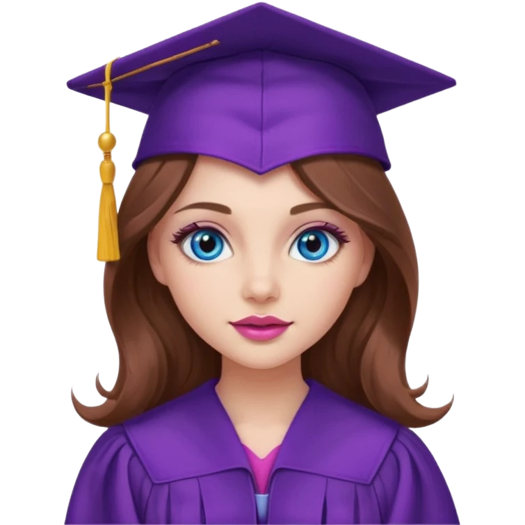 girl with wavy long brown hair, blue eyes, long lashes makeup, sexy pink lips, wearing a purple graduation cap and gown emoji