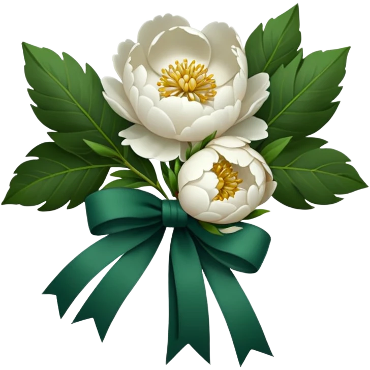 white peonies tied with a dark green ribbon, minimalism, iOS emoji style, no faces or smileys emoji