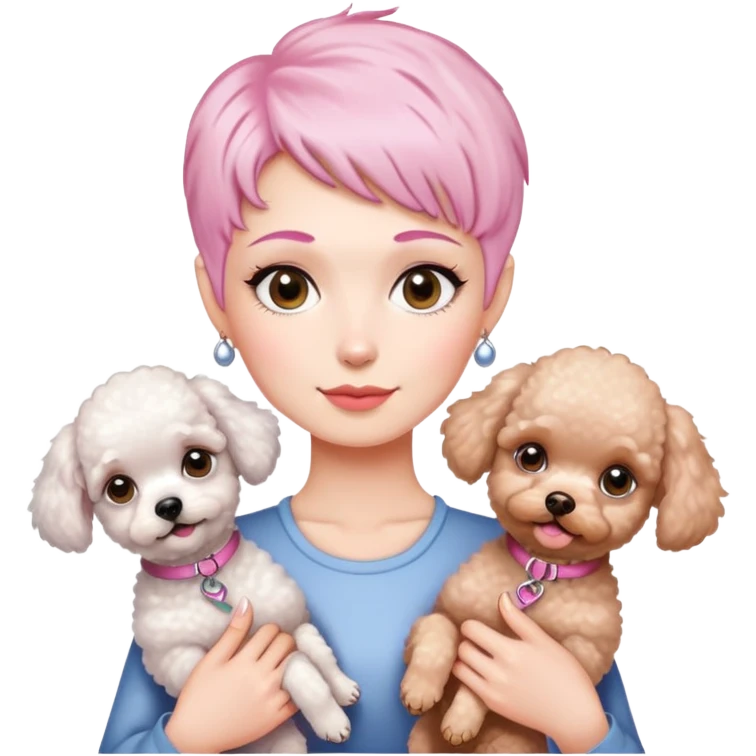 short pixie bangs platinated woman pink hair no bang，fair-skinned ,holding two poodles emoji