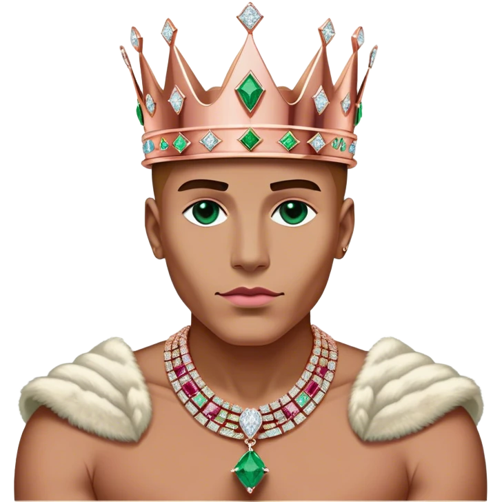 JetSetFly josh king madrid wearing a rose-gold KING crown that is diamond encrusted with monazite, rubies, tiny iced-out perfectly set diamonds, Rolex-rainbow dial crystals, emerald, , VVS emerald diamonds emoji
