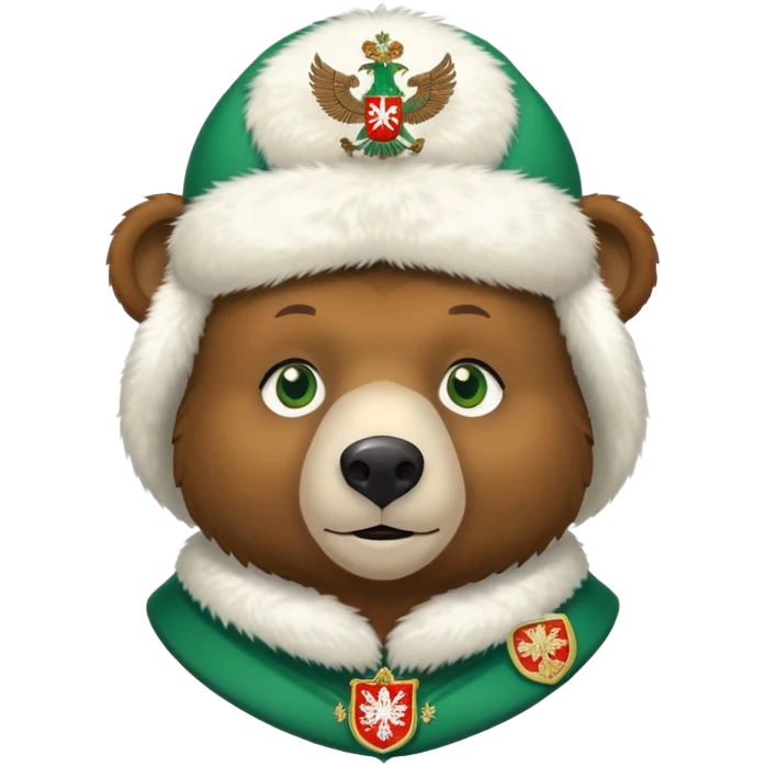 Sweet brown bear with friendly expression and green eyes, white fur ushanka with prominent and detailed Russian Federation double-headed eagle coat of arms, iOS emoji style emoji