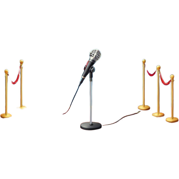 Create a glamorous and vibrant emoji that represents pop or stage vocal performance. The design should feature an empty stage with concert lighting. Include elements like an iconic stage microphone with a sparkling, rhinestone-studded microphone stand, set on a red carpet, a celebratory firework display in the background and a ribbon of musical notes flowing around the scene to symbolize the performance's energy. Use bright colors like gold, red, and silver to emphasize the excitement and glitz of the pop vocal world. The background should be transparent. emoji