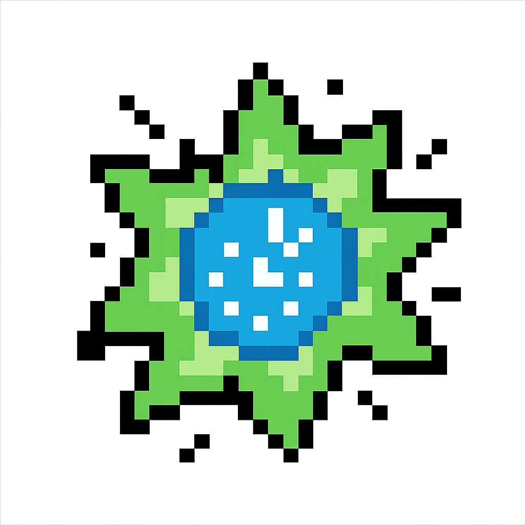 A sparkle with a blue core and green glows, more cartoonish, pixel art style emoji