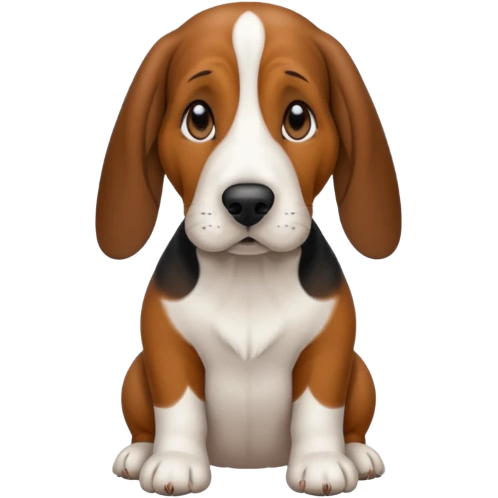 Basset hound with smaller ears, brown face black nose and black ears. White belly chest and feet emoji