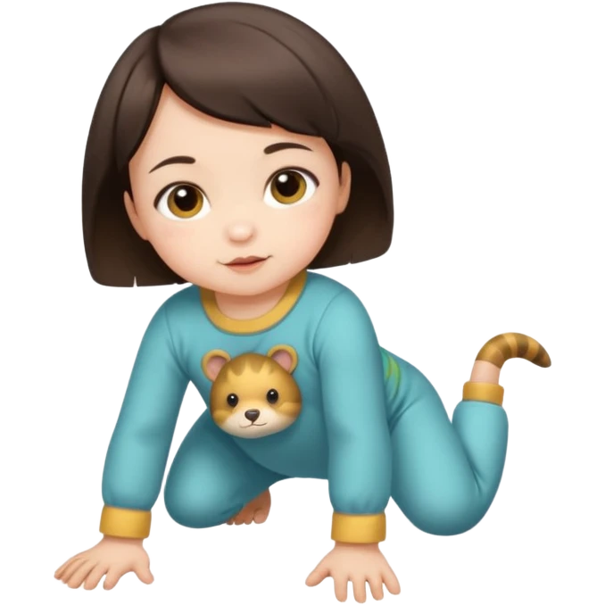 short brunette hair baby crawling on the floor with cute animal symbol clothes emoji