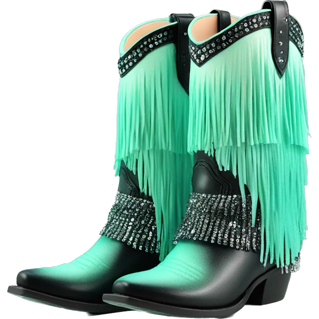 Realistic pastel mint green to black ombre pair of fashion cowgirl boots with sparkly shiny glitter fringe on them. emoji