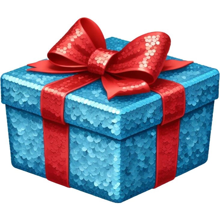 The box is pale blue with sequins and a pale red bow emoji